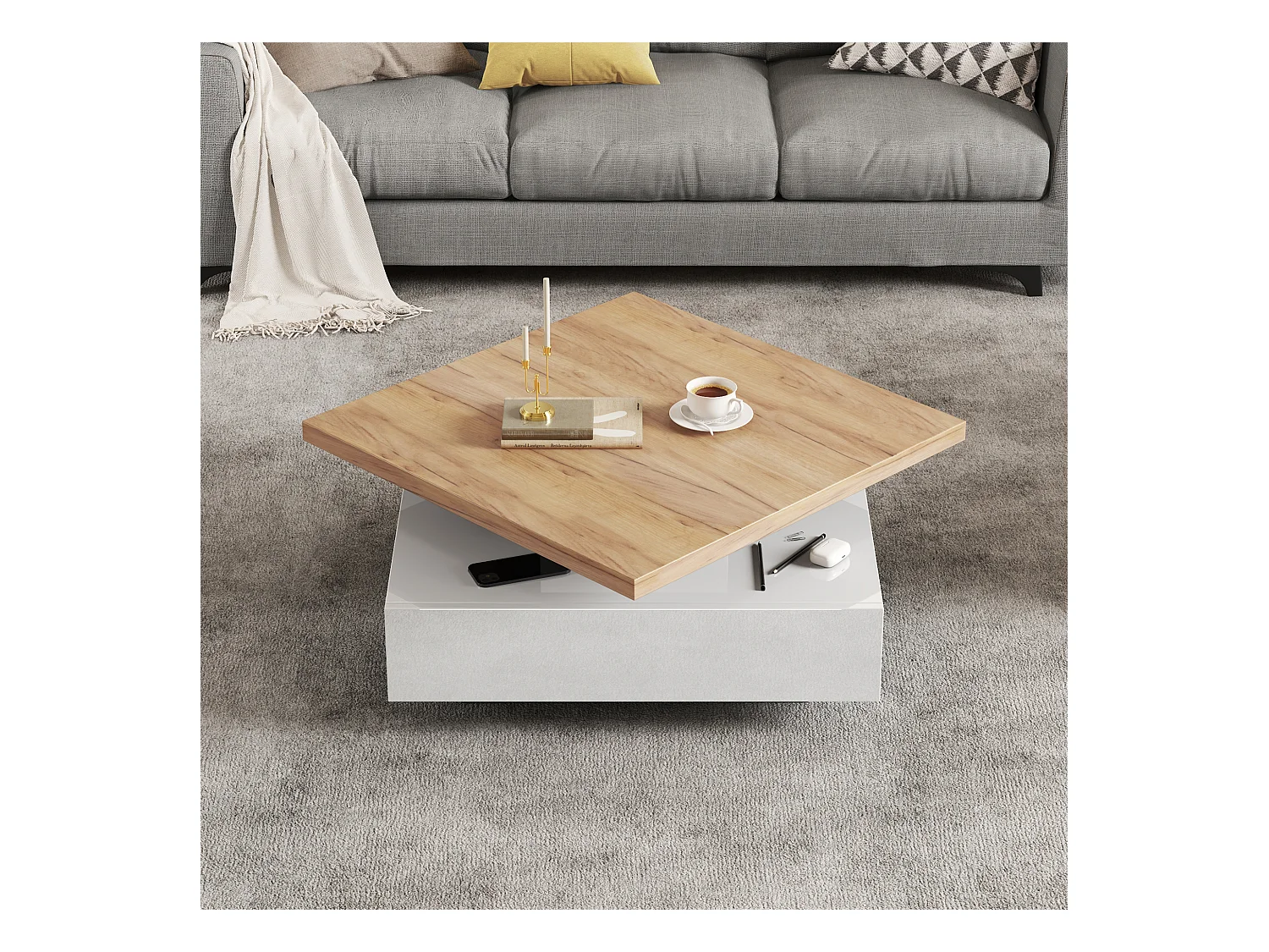 Table basse blanche avec tiroirs ， plateau carré pivotant en noyer