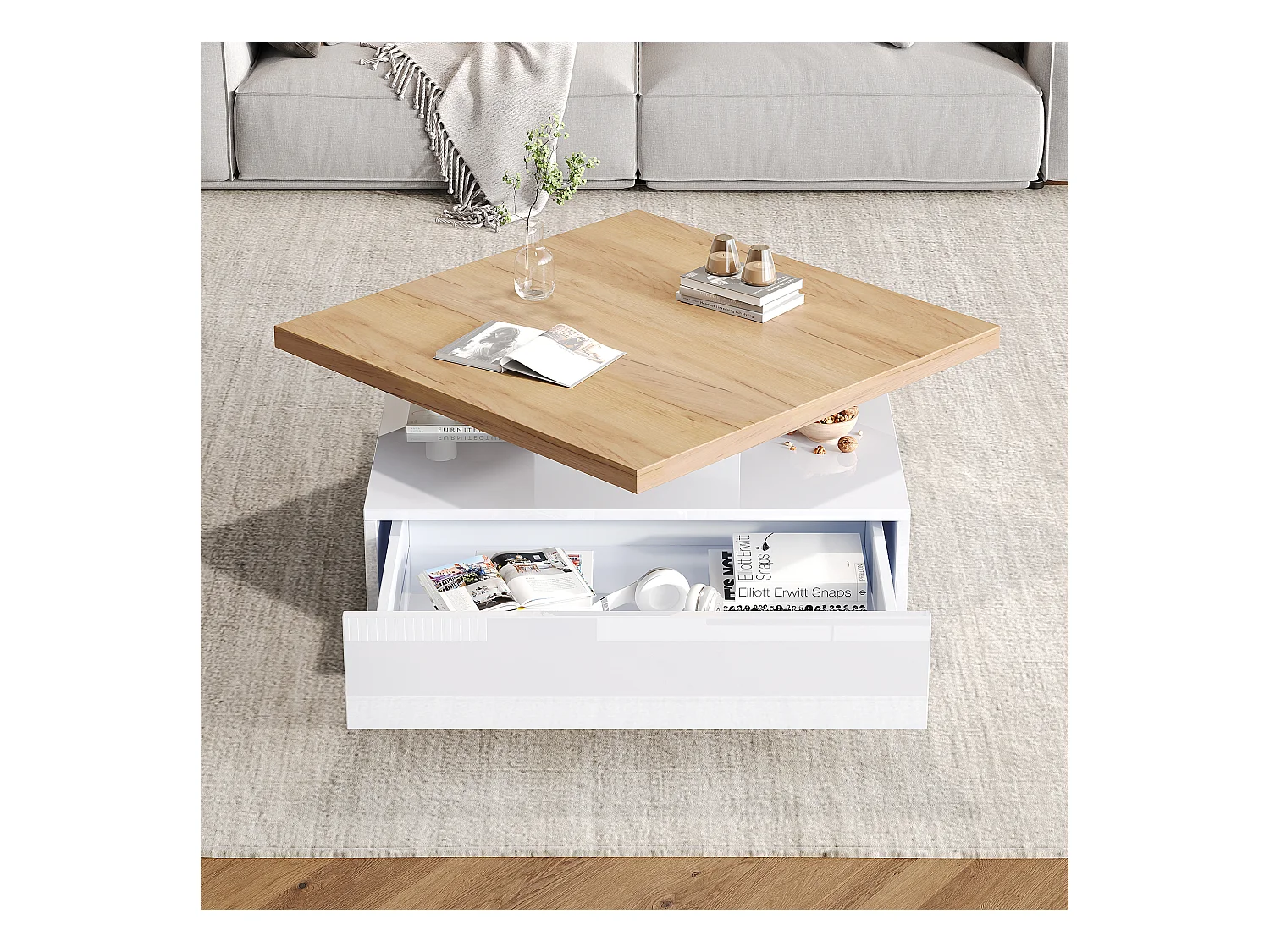 Table basse blanche avec tiroirs ， plateau carré pivotant en noyer