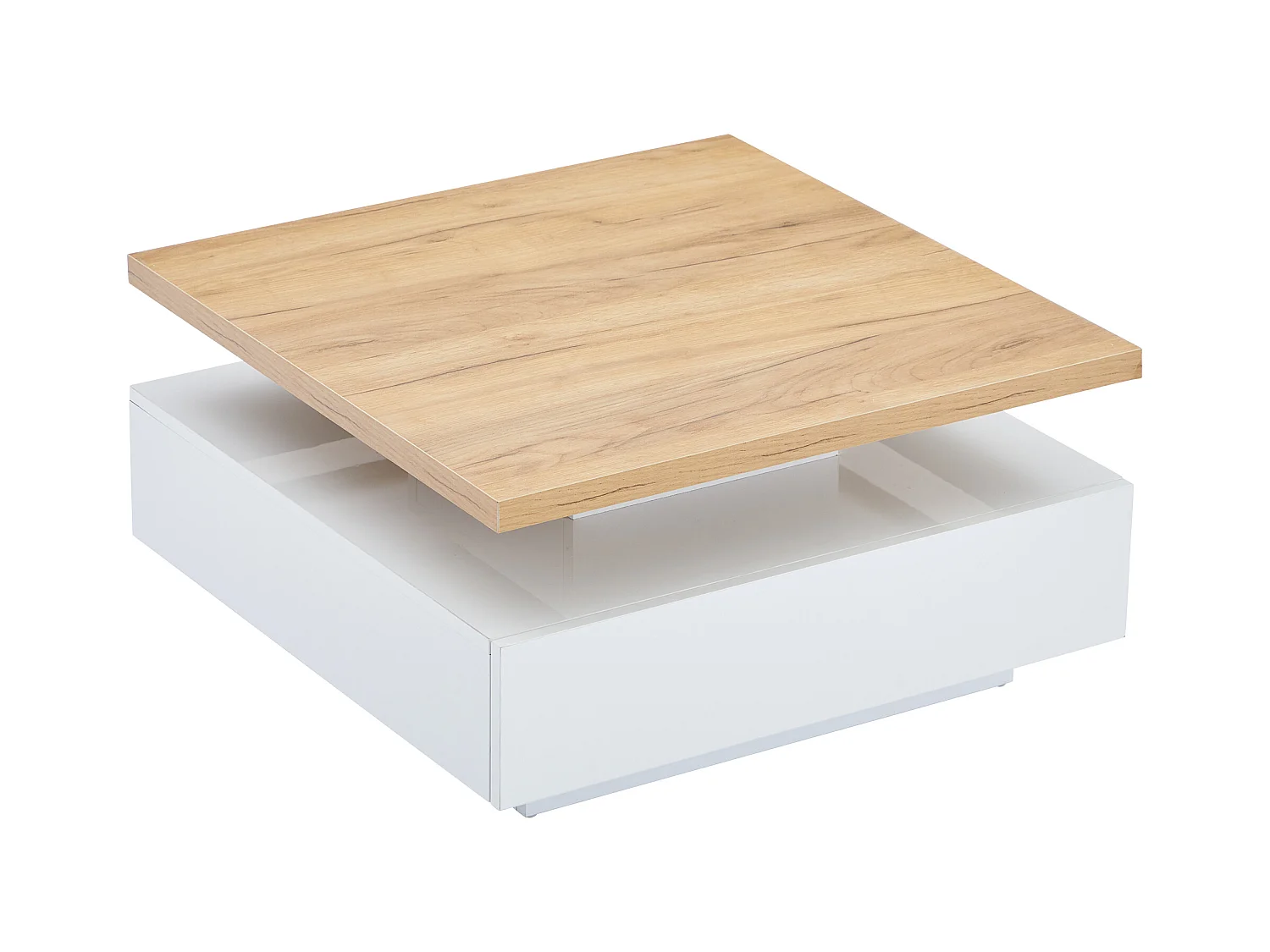 Table basse blanche avec tiroirs ， plateau carré pivotant en noyer
