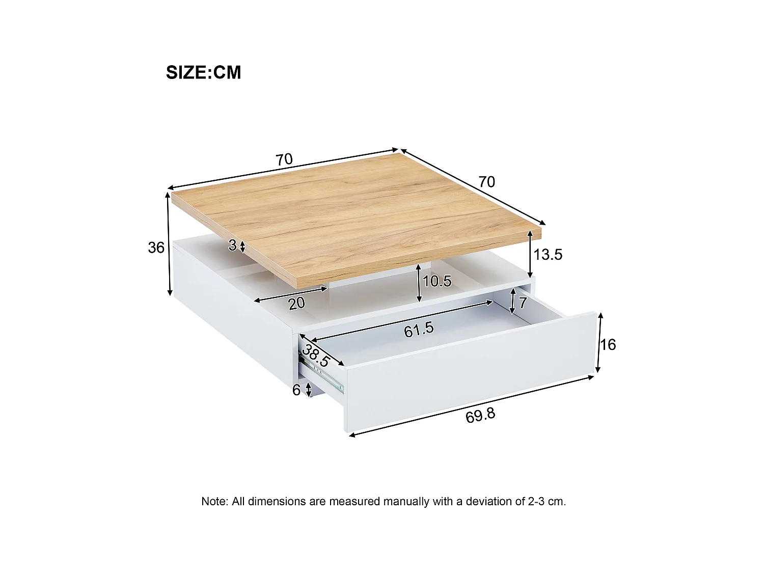 Table basse blanche avec tiroirs ， plateau carré pivotant en noyer