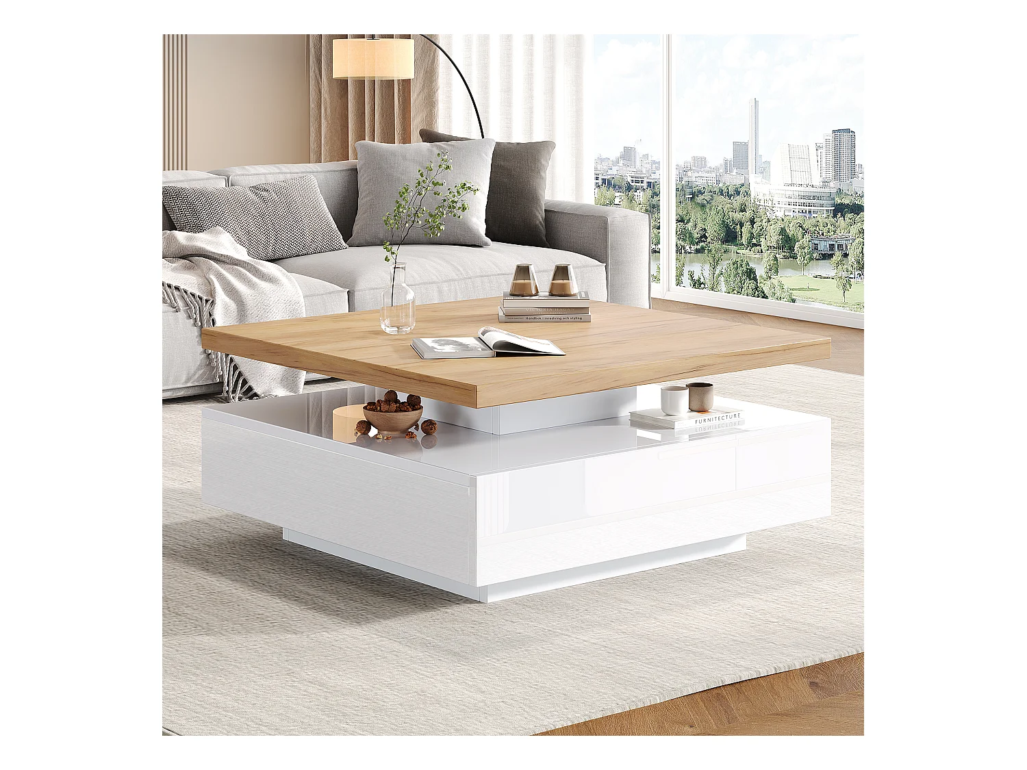 Table basse blanche avec tiroirs ， plateau carré pivotant en noyer