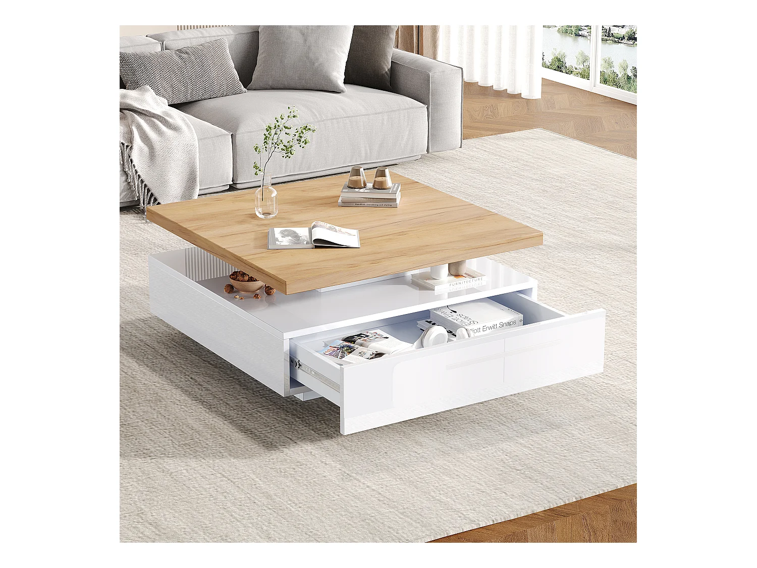 Table basse blanche avec tiroirs ， plateau carré pivotant en noyer