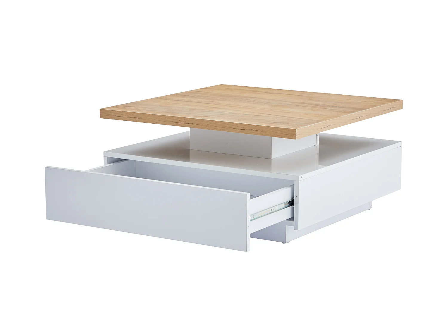 Table basse blanche avec tiroirs ， plateau carré pivotant en noyer