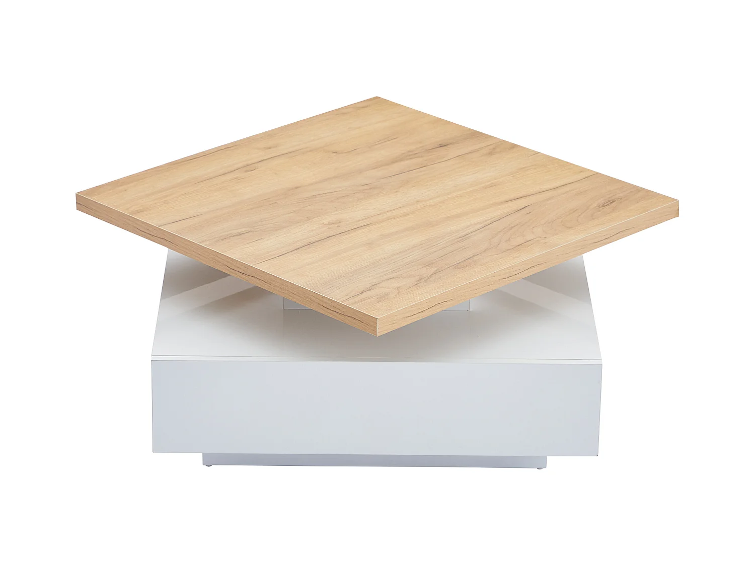 Table basse blanche avec tiroirs ， plateau carré pivotant en noyer