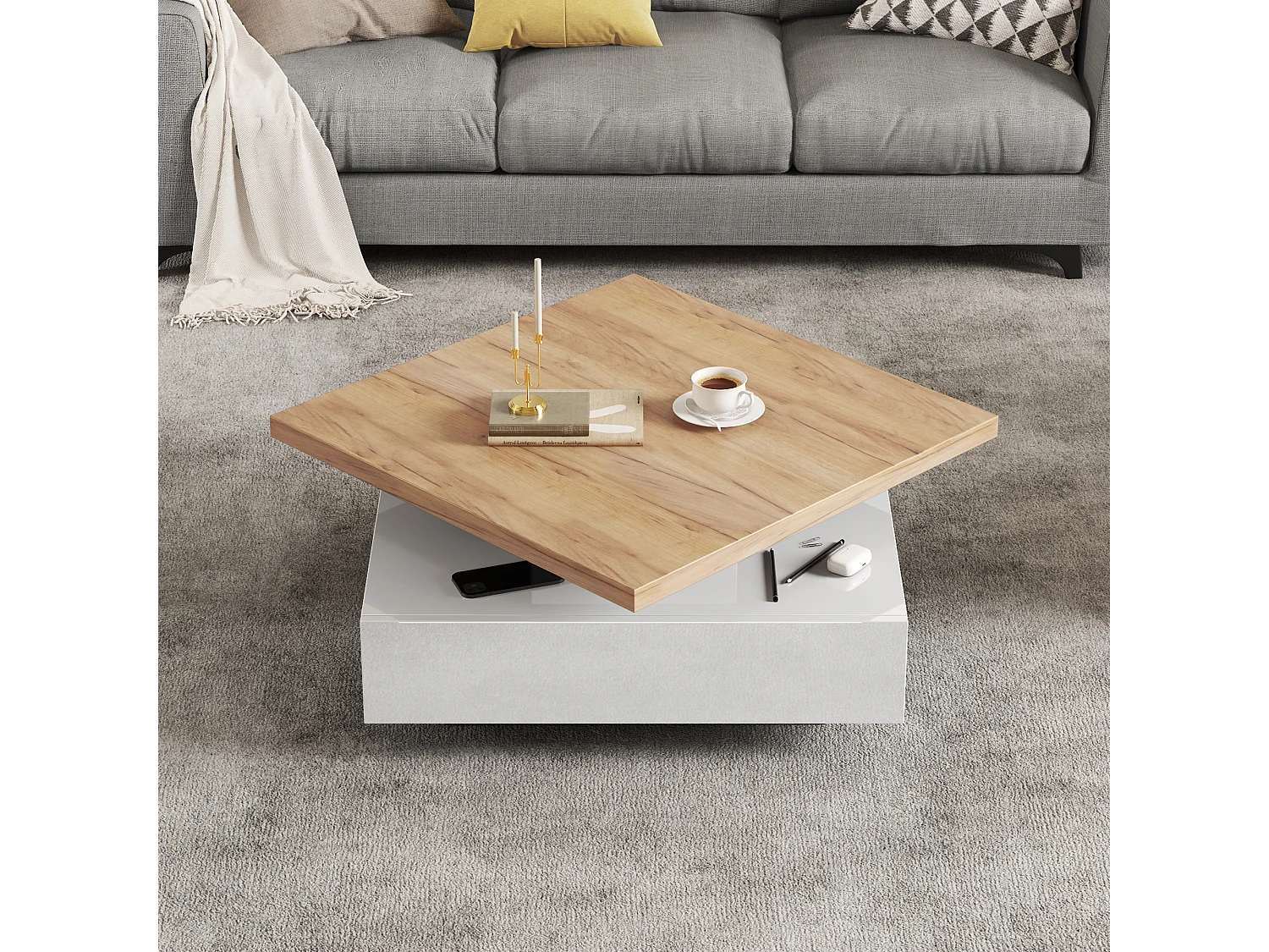 Table basse blanche avec tiroirs ， plateau carré pivotant en noyer