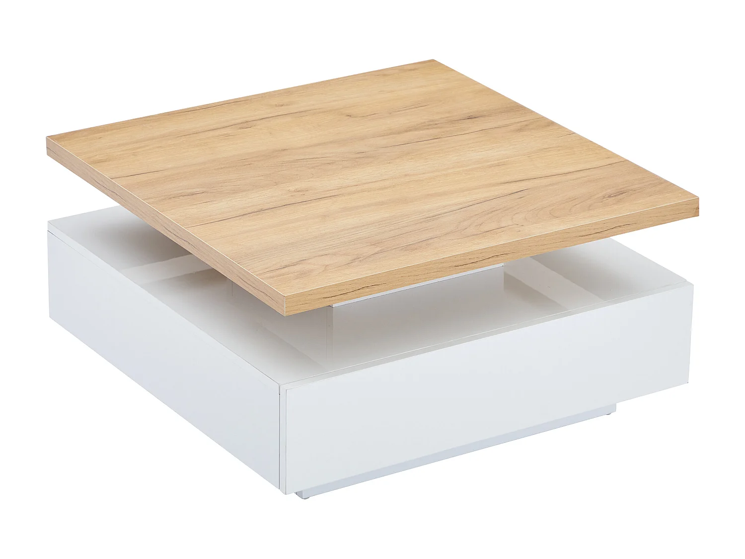 Table basse blanche avec tiroirs ， plateau carré pivotant en noyer