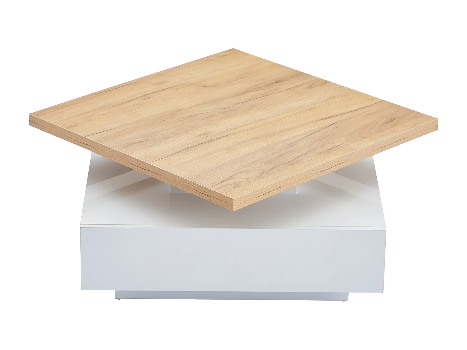 Table basse blanche avec tiroirs ， plateau carré pivotant en noyer