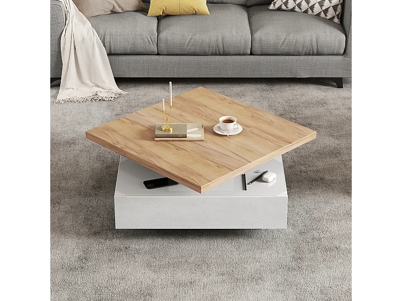 Table basse blanche avec tiroirs ， plateau carré pivotant en noyer