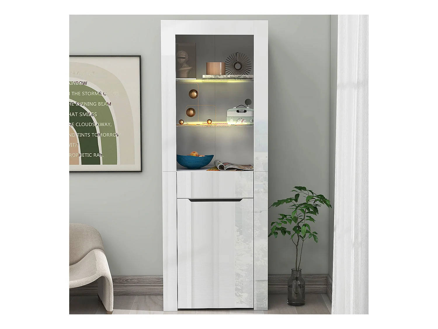 Buffet blanc 60x35,5x165 cm avec éclairage LED, tiroir et porte, étagères ouvertes
