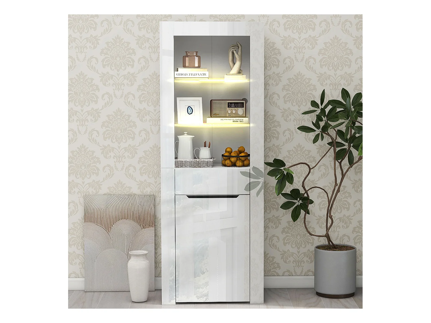 Buffet blanc 60x35,5x165 cm avec éclairage LED, tiroir et porte, étagères ouvertes