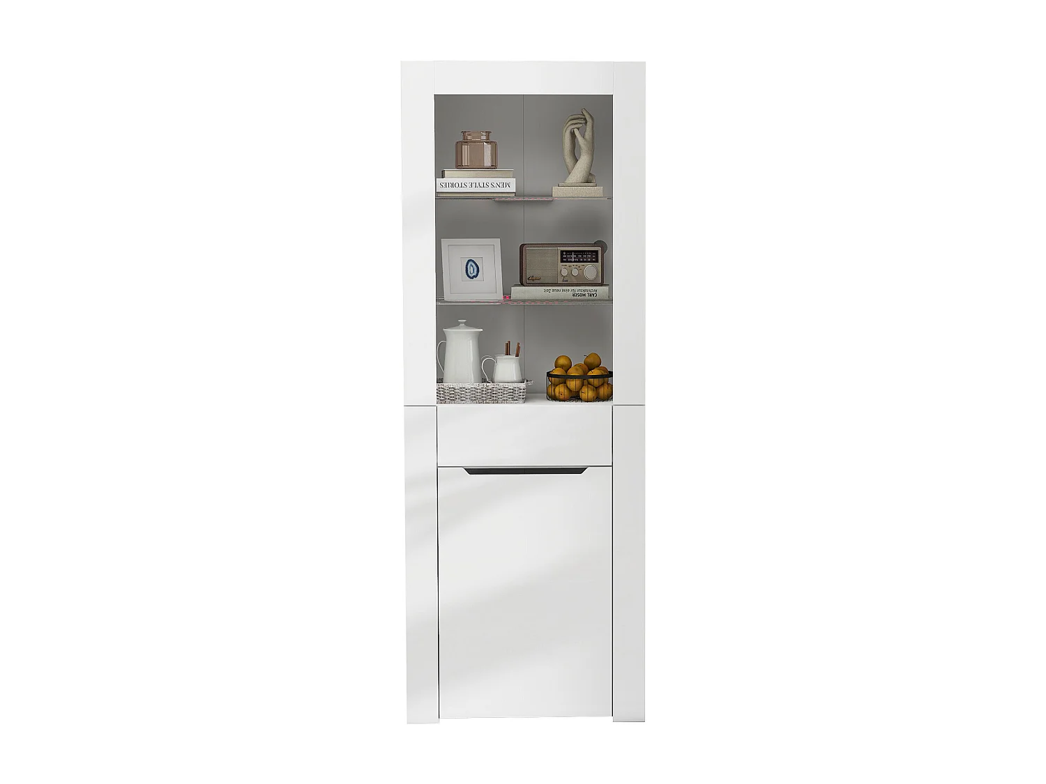 Buffet blanc 60x35,5x165 cm avec éclairage LED, tiroir et porte, étagères ouvertes