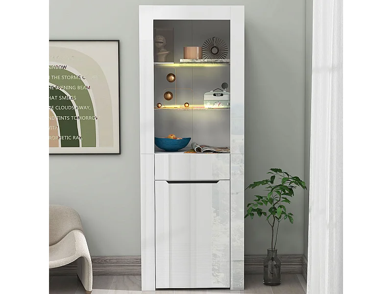 Wit dressoir 60x35,5x165 cm met ledverlichting， lade en deur, open planken