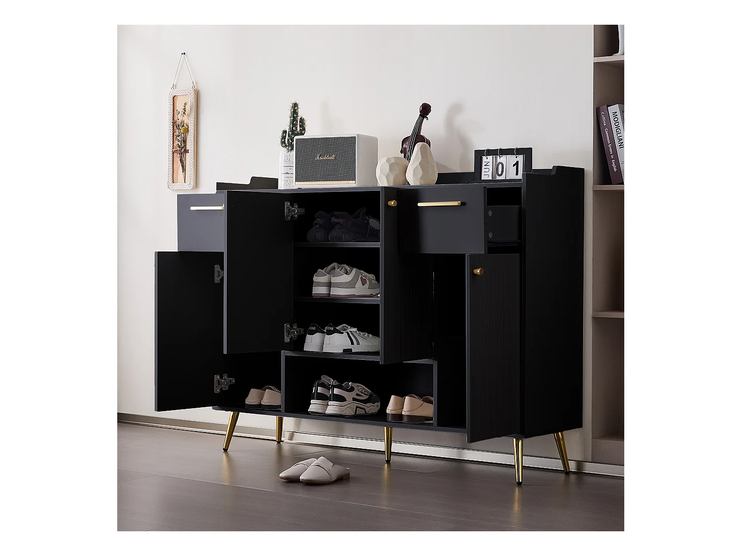 Zapatero negro con 2 cajones y 4 puertas, patas de metal 130x37x100cm