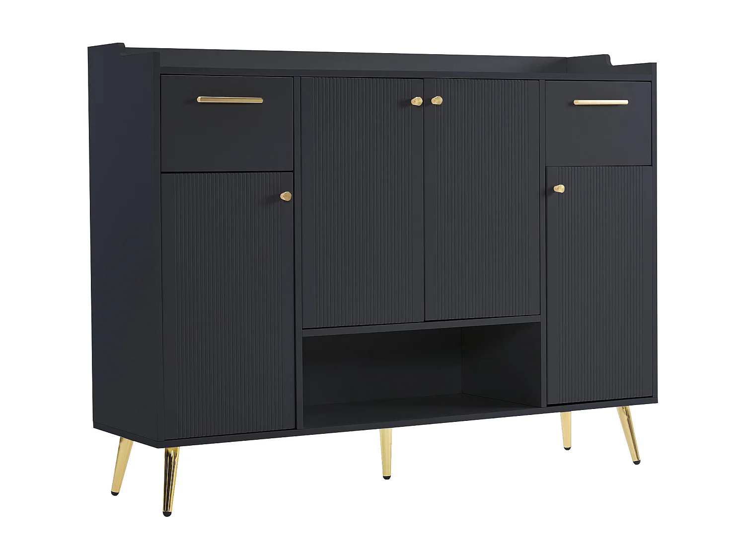 Meuble chaussures noir avec 2 tiroirs et 4 portes, pieds en métal 130x37x100cm