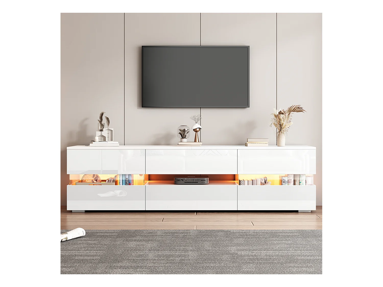 Meuble TV blanc moderne avec éclairage LED, 2 portes et 1 tiroir, 160 x 39 x 45 cm