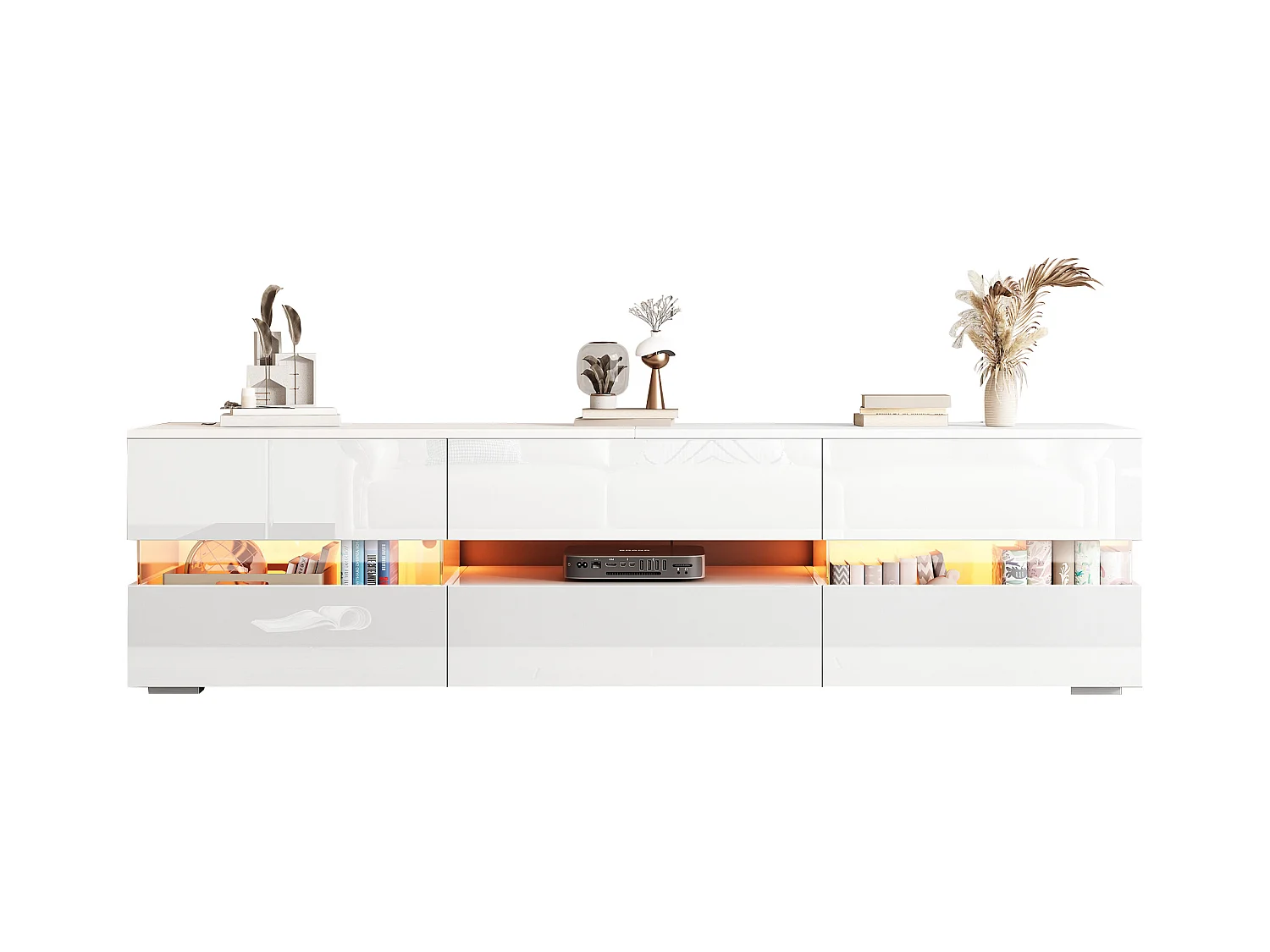 Meuble TV blanc moderne avec éclairage LED, 2 portes et 1 tiroir, 160 x 39 x 45 cm