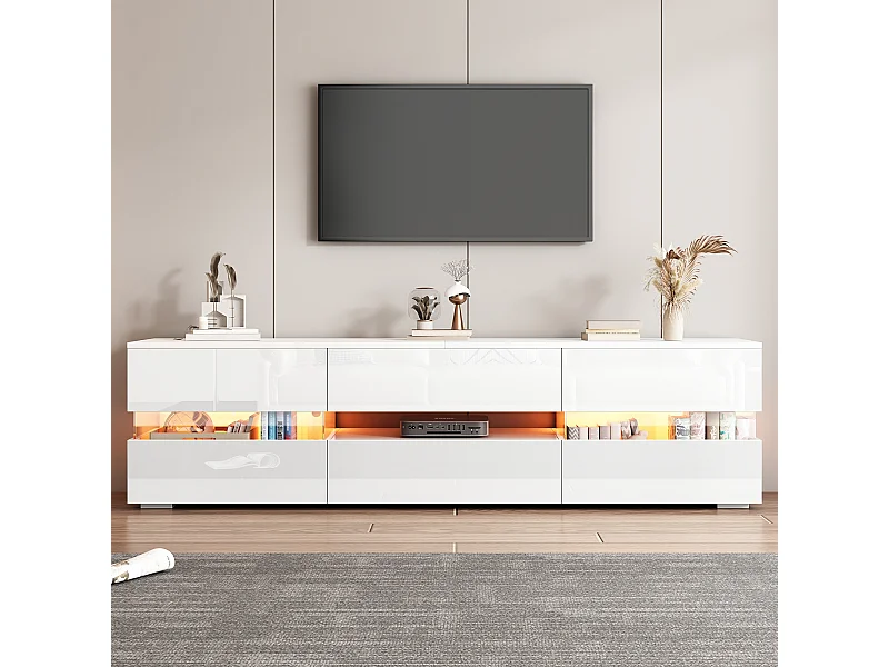 Meuble TV blanc moderne avec éclairage LED, 2 portes et 1 tiroir, 160 x 39 x 45 cm