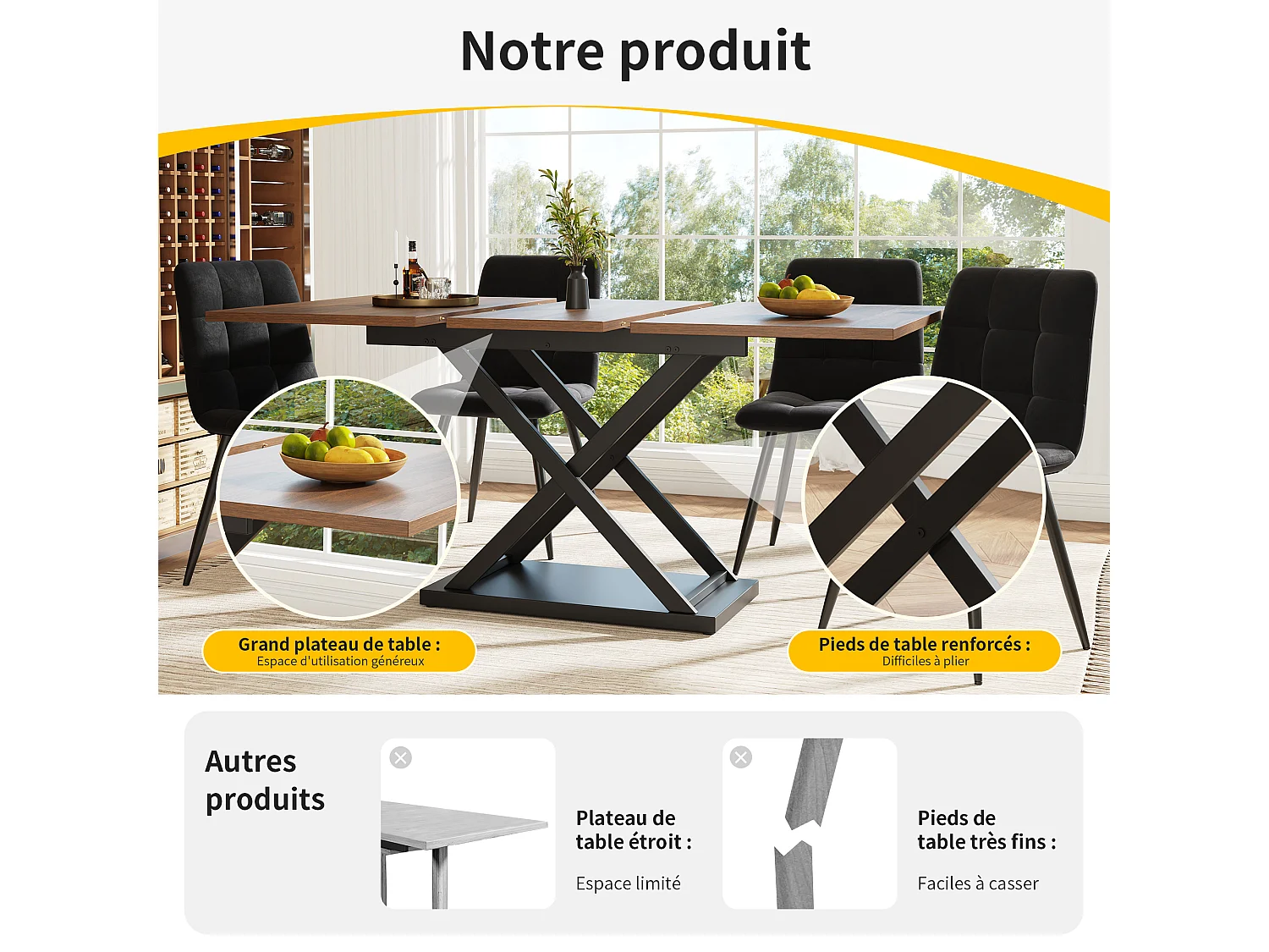 Conjunto de mesa extensible y 4 sillas en terciopelo negro, mesa 160x80x75 cm, nogal