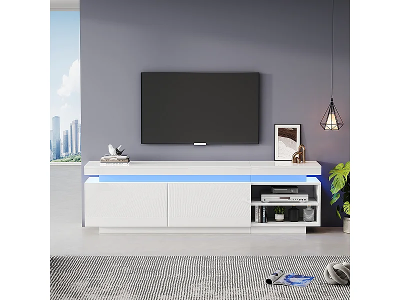 Meuble TV blanc avec éclairage LED, 2 étagères et 2 portes, 170x35x50 cm
