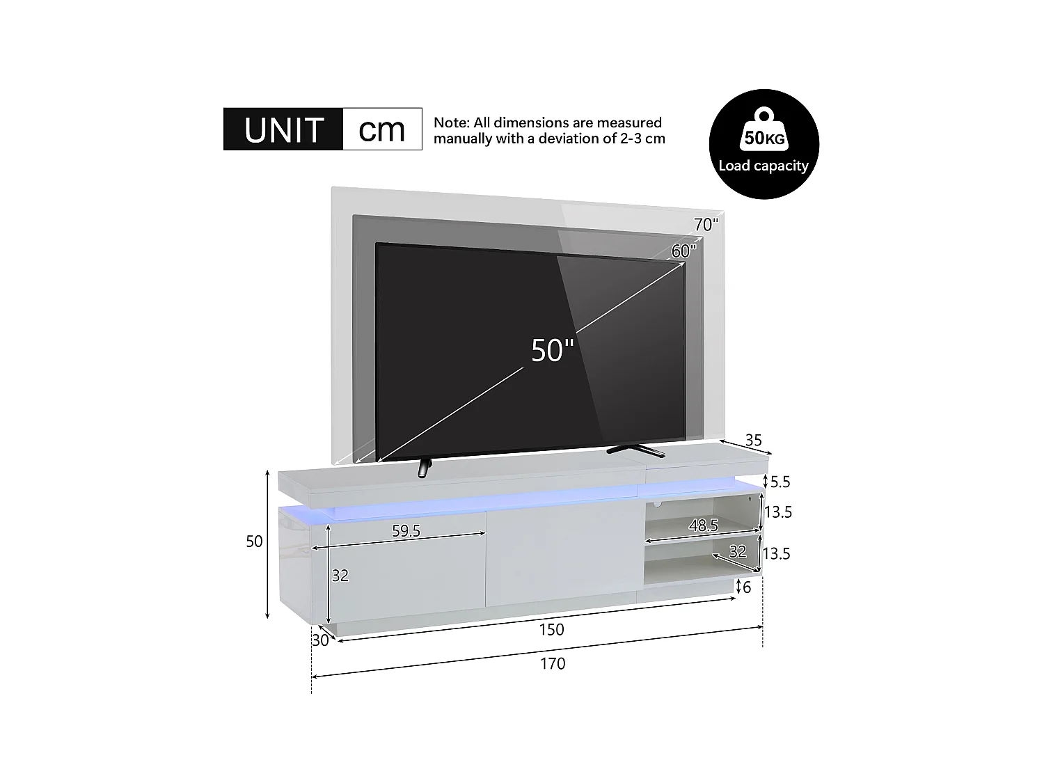 Meuble TV blanc avec éclairage LED, 2 étagères et 2 portes, 170x35x50 cm