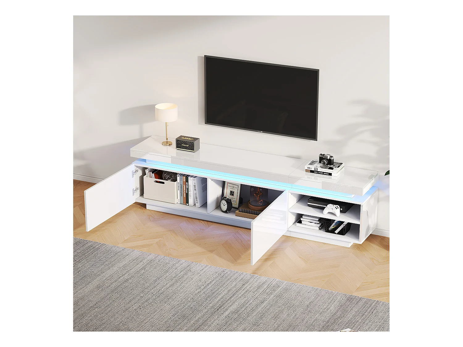 Meuble TV blanc avec éclairage LED, 2 étagères et 2 portes, 170x35x50 cm