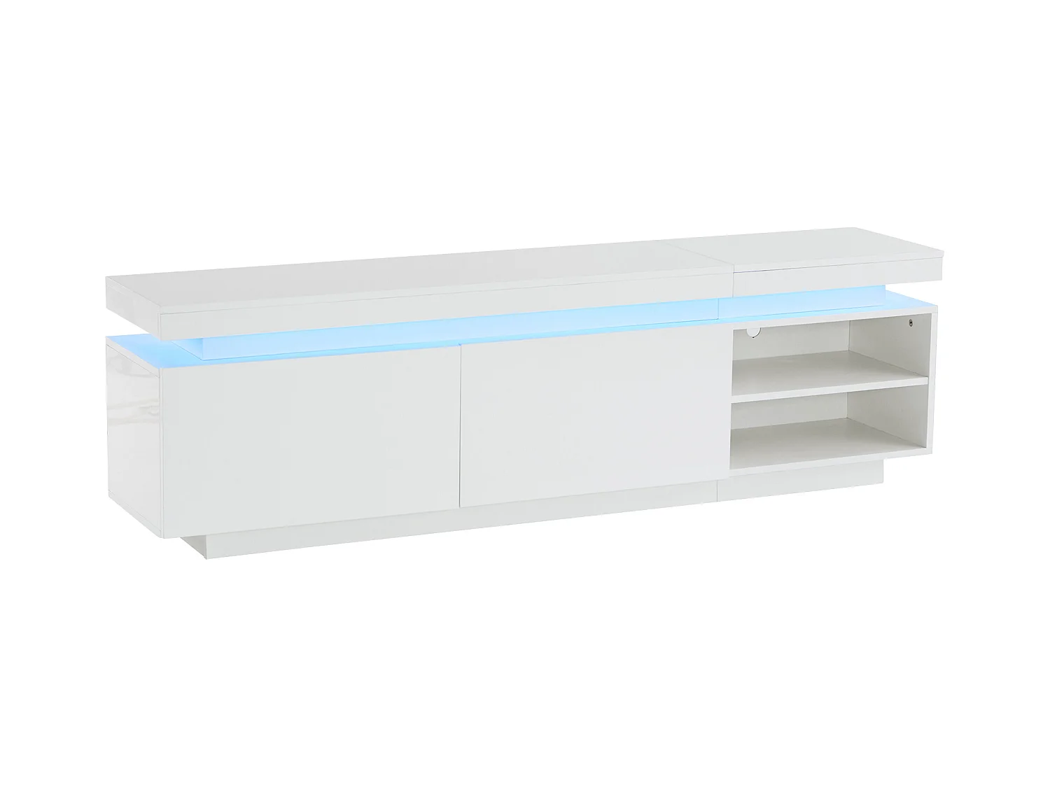 Meuble TV blanc avec éclairage LED, 2 étagères et 2 portes, 170x35x50 cm