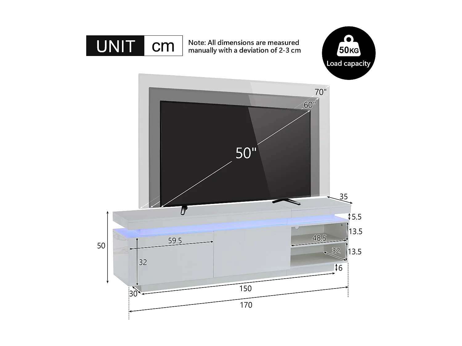 Meuble TV blanc avec éclairage LED, 2 étagères et 2 portes, 170x35x50 cm