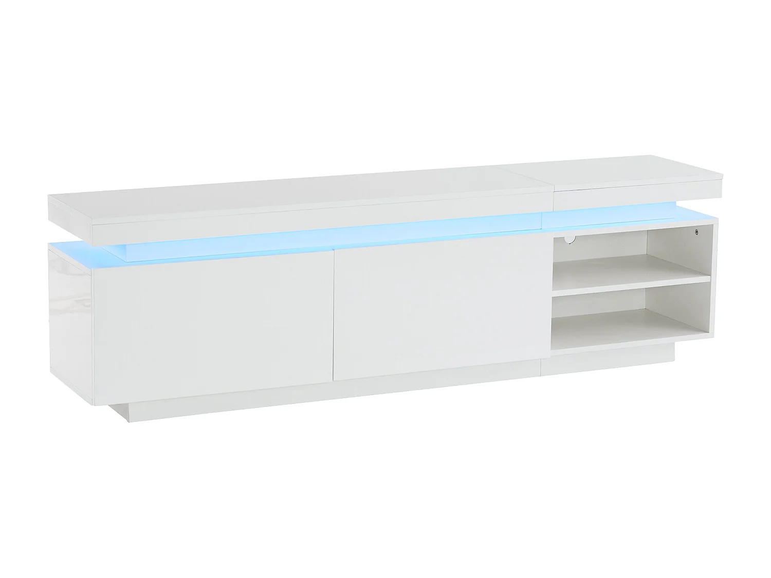 Meuble TV blanc avec éclairage LED, 2 étagères et 2 portes, 170x35x50 cm