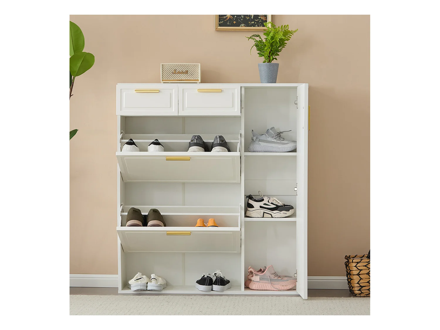 Zapatero blanco con 2 cajones, 2 aletas y 1 puerta 95x24x107cm