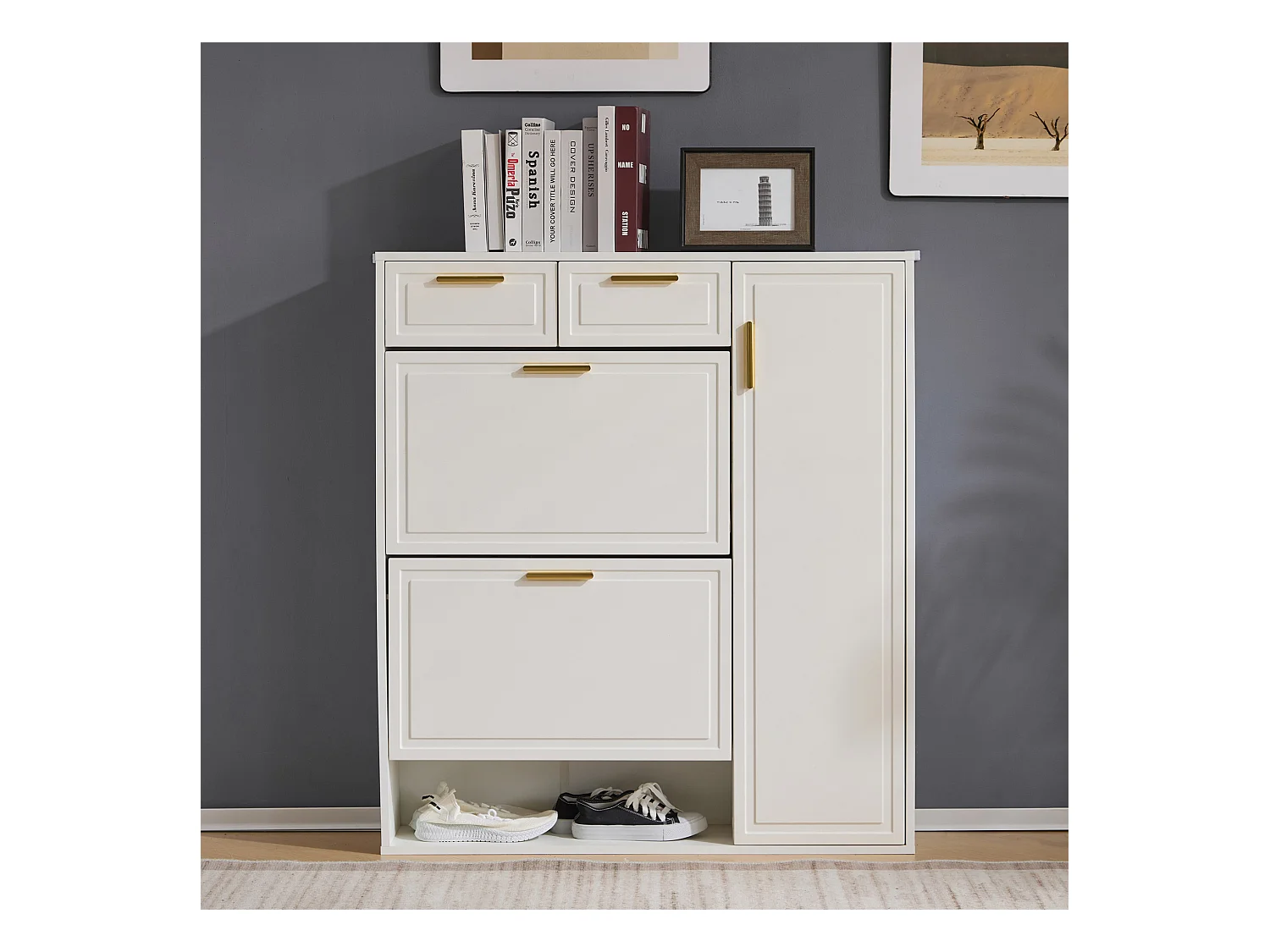 Zapatero blanco con 2 cajones, 2 aletas y 1 puerta 95x24x107cm