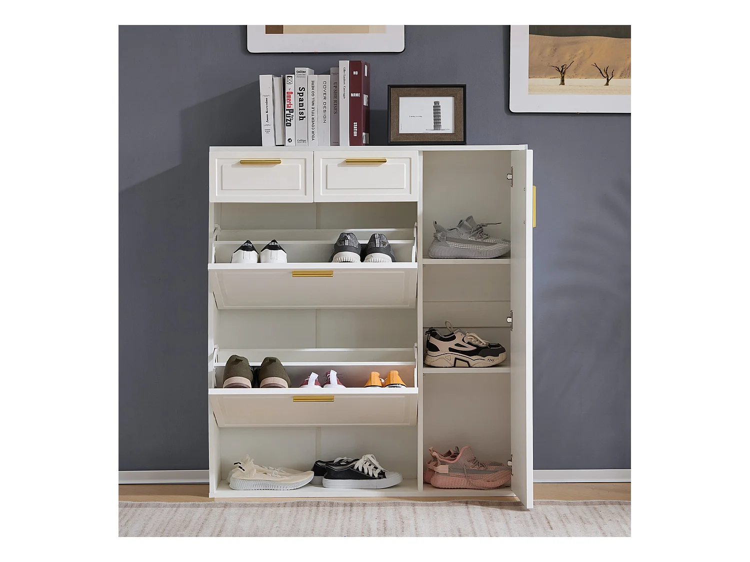 Zapatero blanco con 2 cajones, 2 aletas y 1 puerta 95x24x107cm