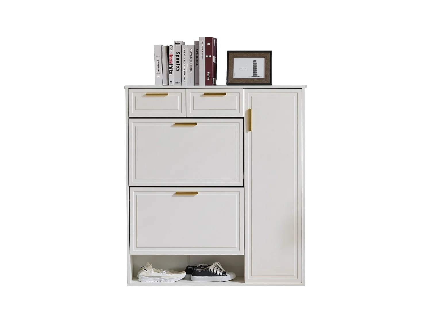 Zapatero blanco con 2 cajones, 2 aletas y 1 puerta 95x24x107cm