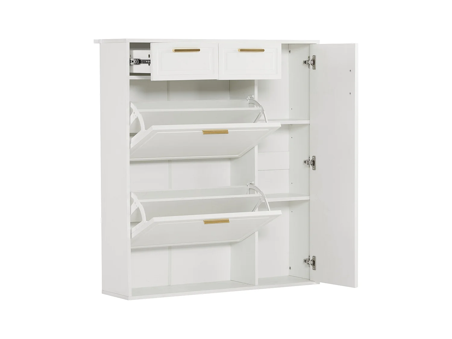 Zapatero blanco con 2 cajones, 2 aletas y 1 puerta 95x24x107cm