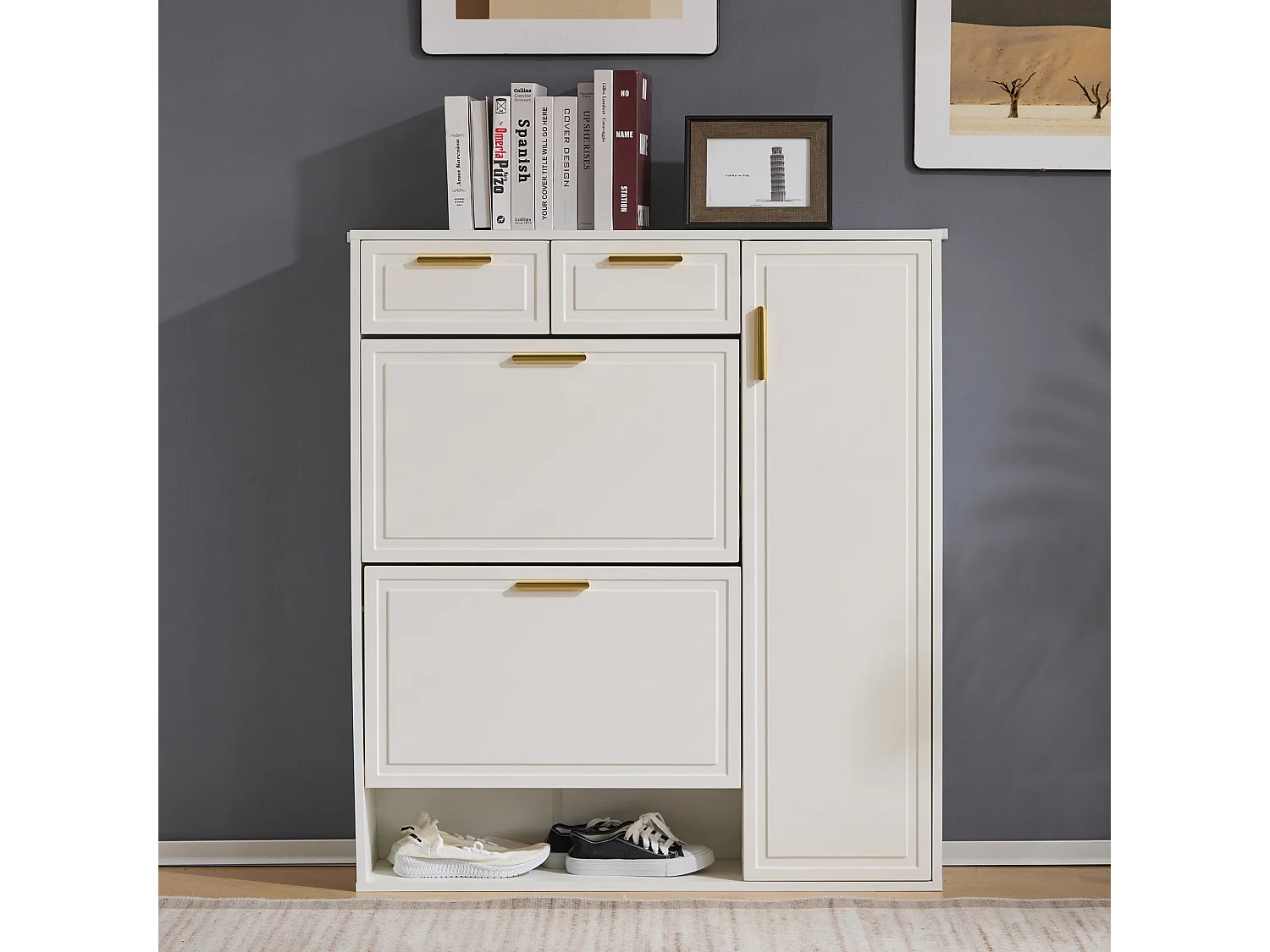 Witte schoenenkast met 2 lades, 2 kleppen en 1 deur 95x24x107cm