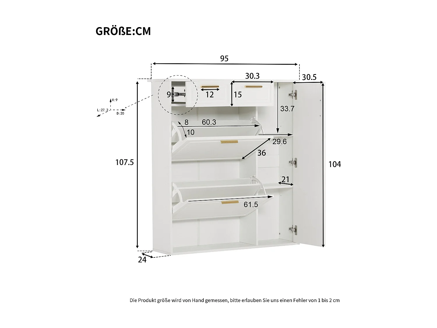 Witte schoenenkast met 2 lades, 2 kleppen en 1 deur 95x24x107cm