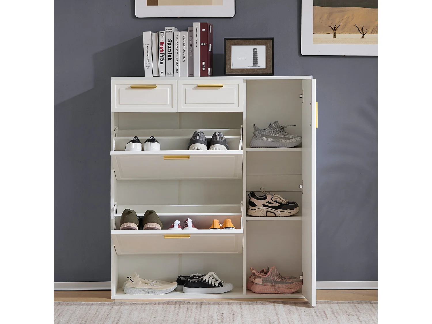 Witte schoenenkast met 2 lades, 2 kleppen en 1 deur 95x24x107cm