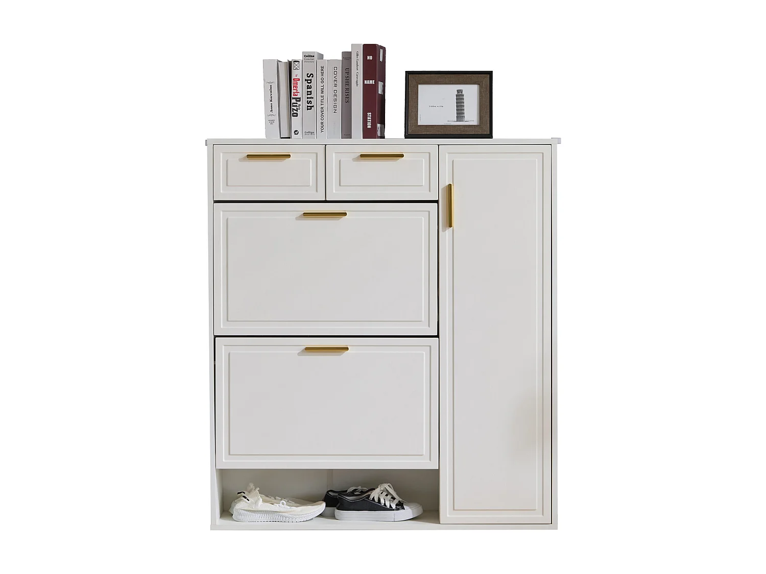 Witte schoenenkast met 2 lades, 2 kleppen en 1 deur 95x24x107cm