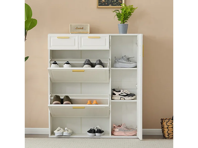 Sapateira branca com 2 gavetas, 2 abas e 1 porta 95x24x107cm