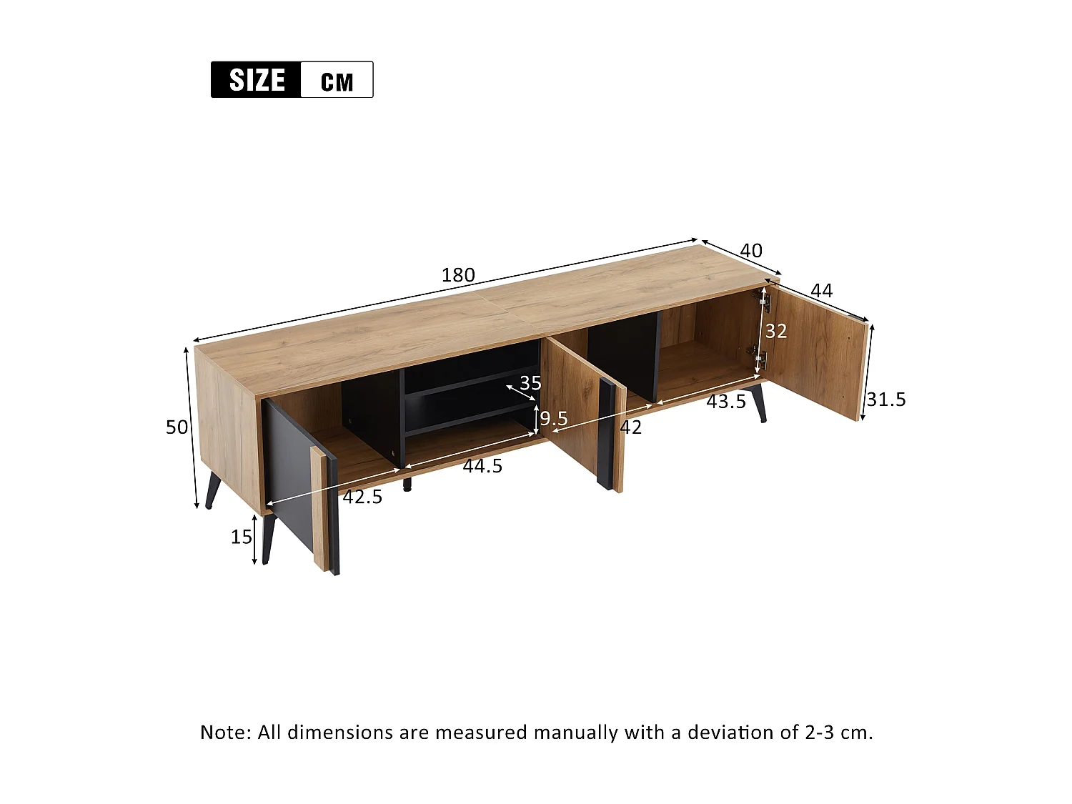 Meuble TV marron avec 3 portes et rangement ouvert, 180x40x50 cm