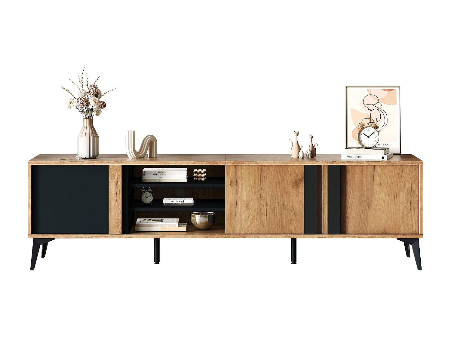 Meuble TV marron avec 3 portes et rangement ouvert, 180x40x50 cm