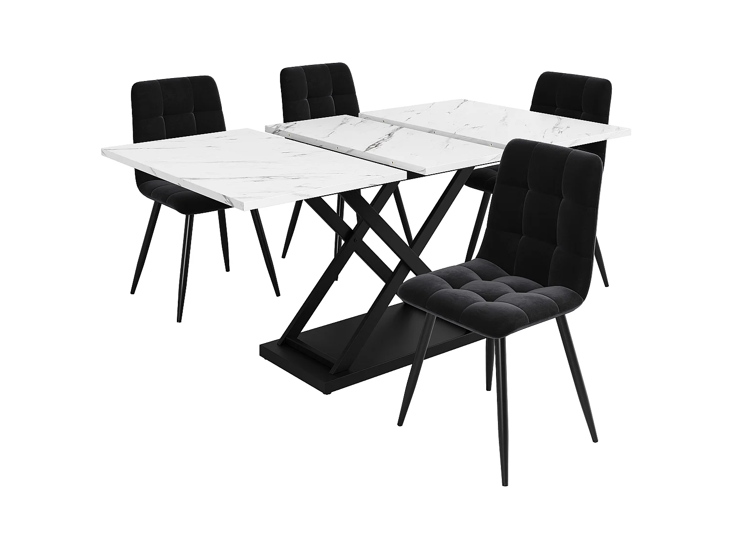 Tavolo allungabile e set di 4 sedie in velluto nero, tavolo 160 x 80 x 75 cm, bianco