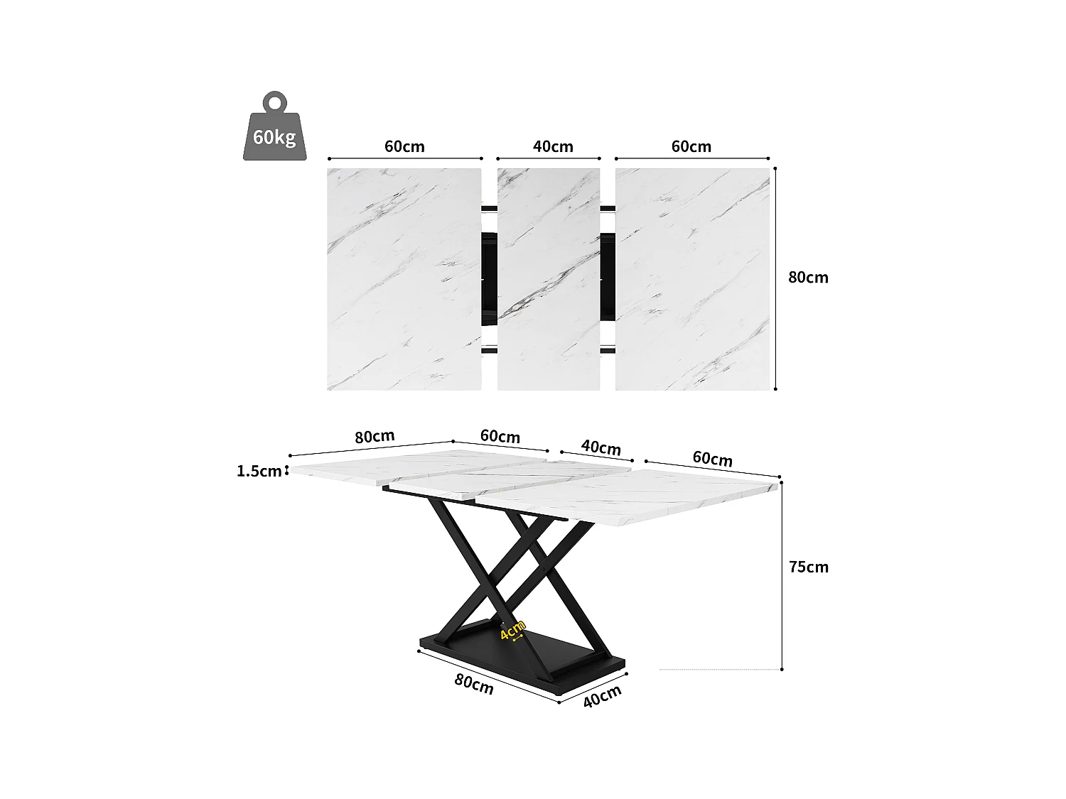 Tavolo allungabile e set di 4 sedie in velluto nero, tavolo 160 x 80 x 75 cm, bianco