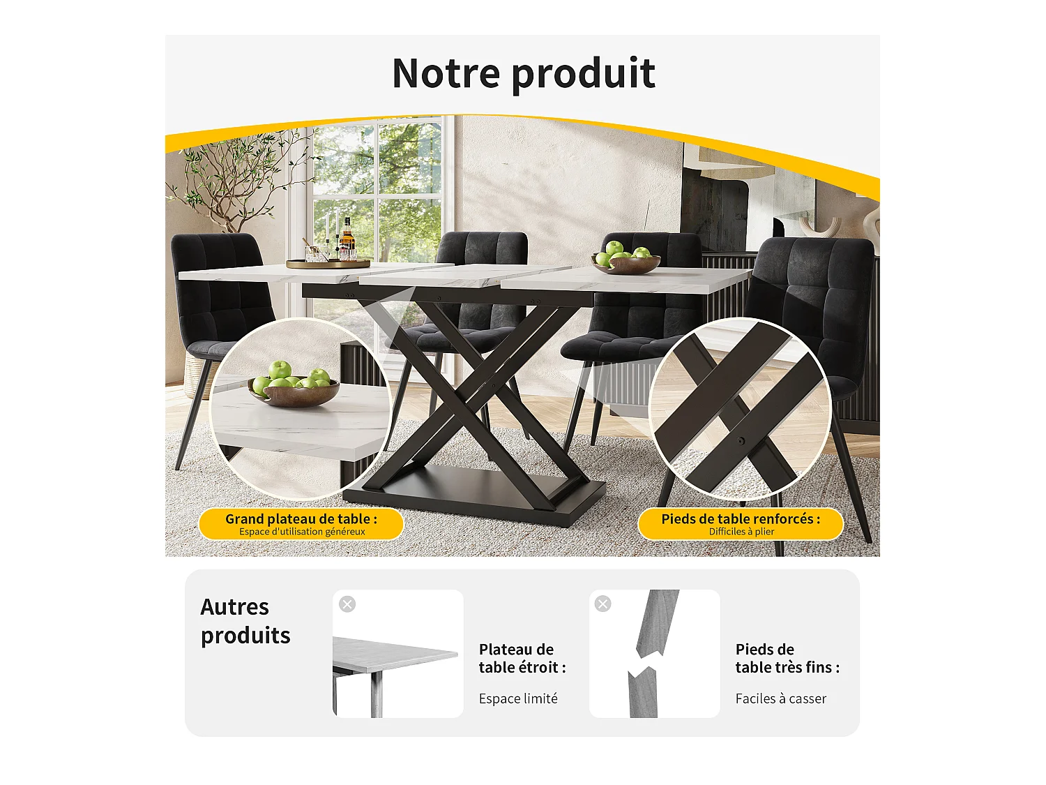 Tavolo allungabile e set di 4 sedie in velluto nero, tavolo 160 x 80 x 75 cm, bianco