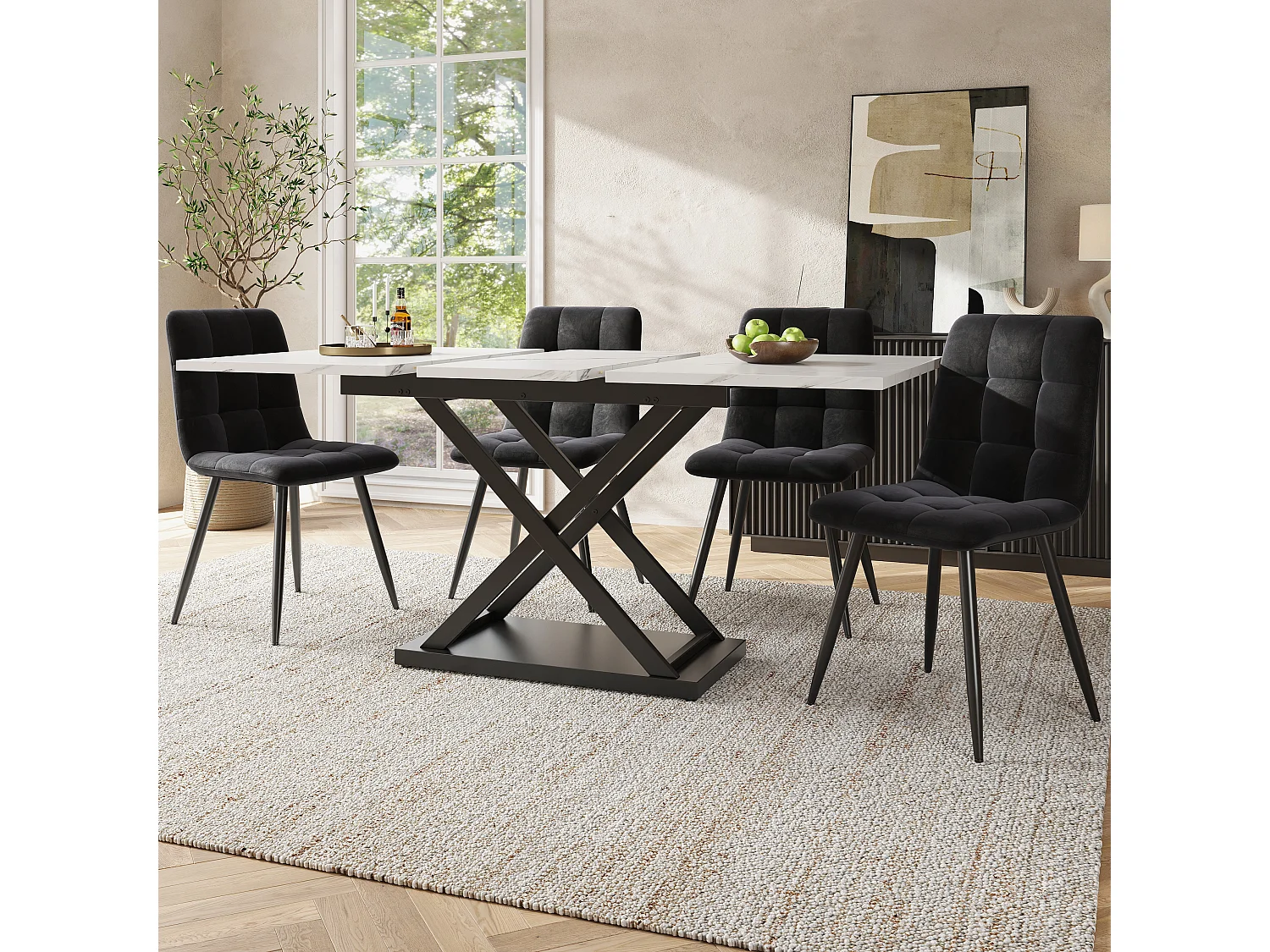 Uitschuifbare tafel en 4 stoelenset in zwart fluweel, tafel 160 x 80 x 75 cm, wit
