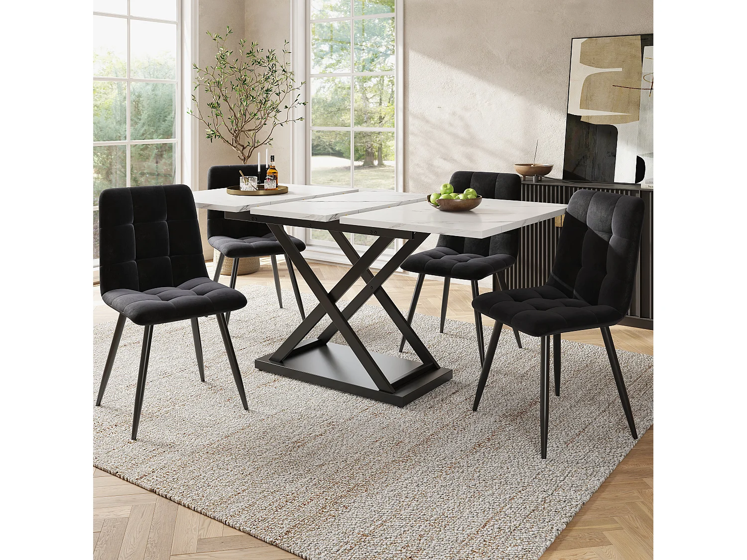 Uitschuifbare tafel en 4 stoelenset in zwart fluweel, tafel 160 x 80 x 75 cm, wit