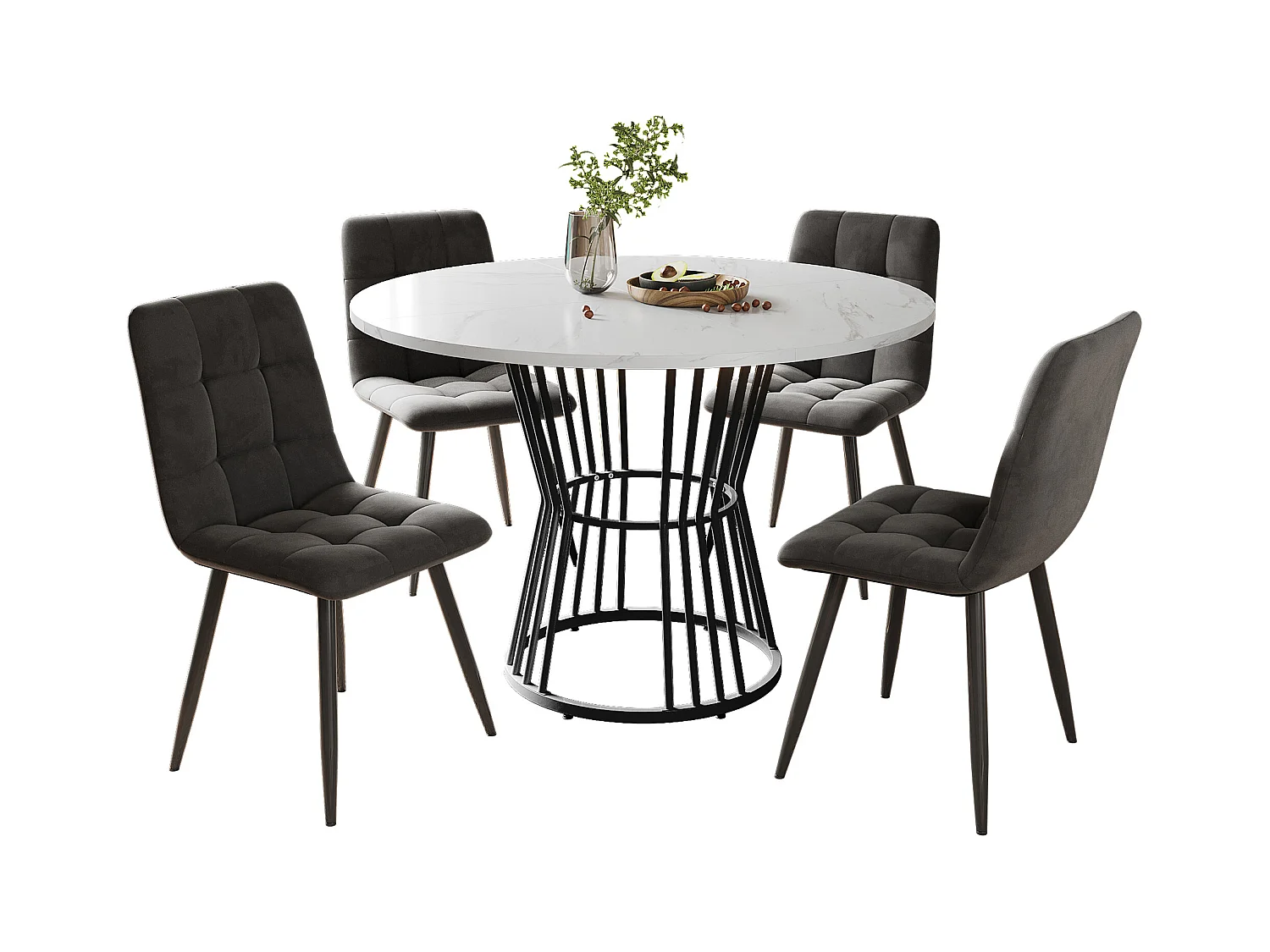 Ensemble table + 4 chaises en velours gris foncé, table ronde 100x100x75cm, pieds en métal noir + plateau en MDF blanc
