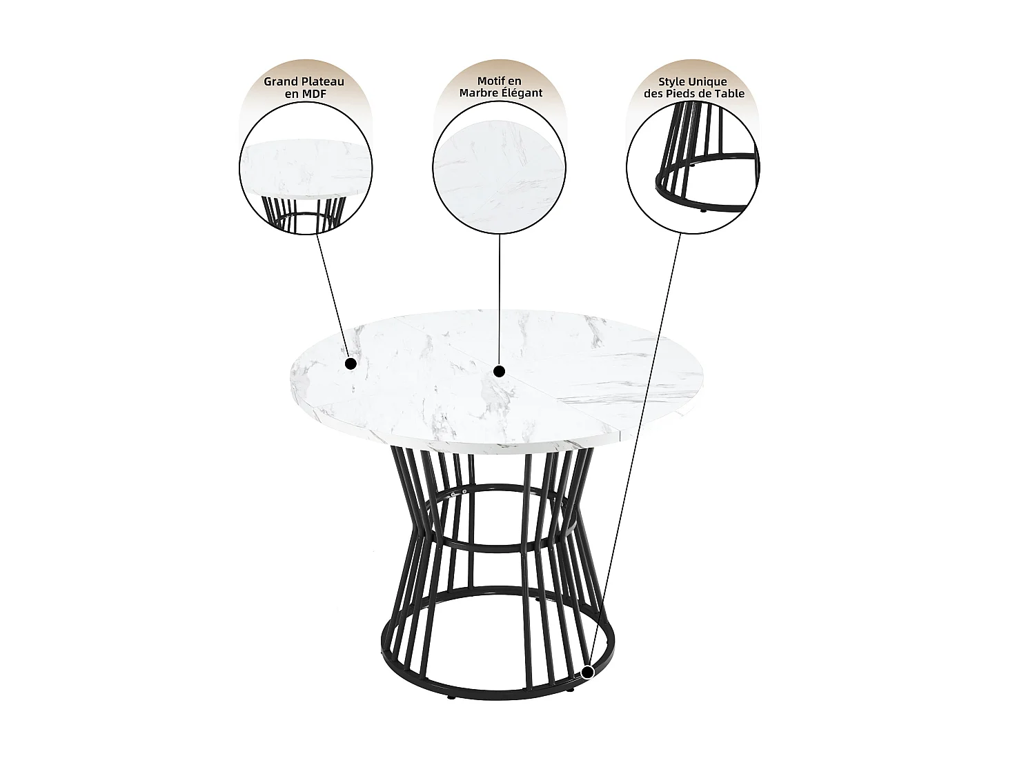 Ensemble table + 4 chaises en velours gris foncé, table ronde 100x100x75cm, pieds en métal noir + plateau en MDF blanc