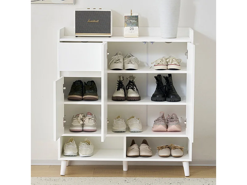 Zapatero blanco con 1 cajón y 3 puertas, estantes regulables, 90x35x99 cm