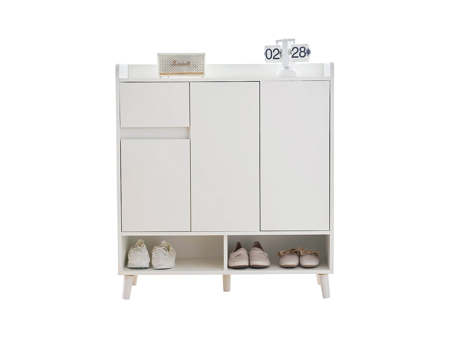 Zapatero blanco con 1 cajón y 3 puertas, estantes regulables, 90x35x99 cm