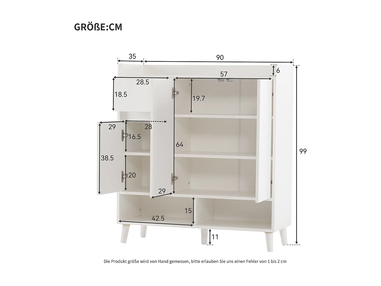 Meuble chaussures blanc avec 1 tiroir et 3 portes, étagères réglables, 90x35x99 cm